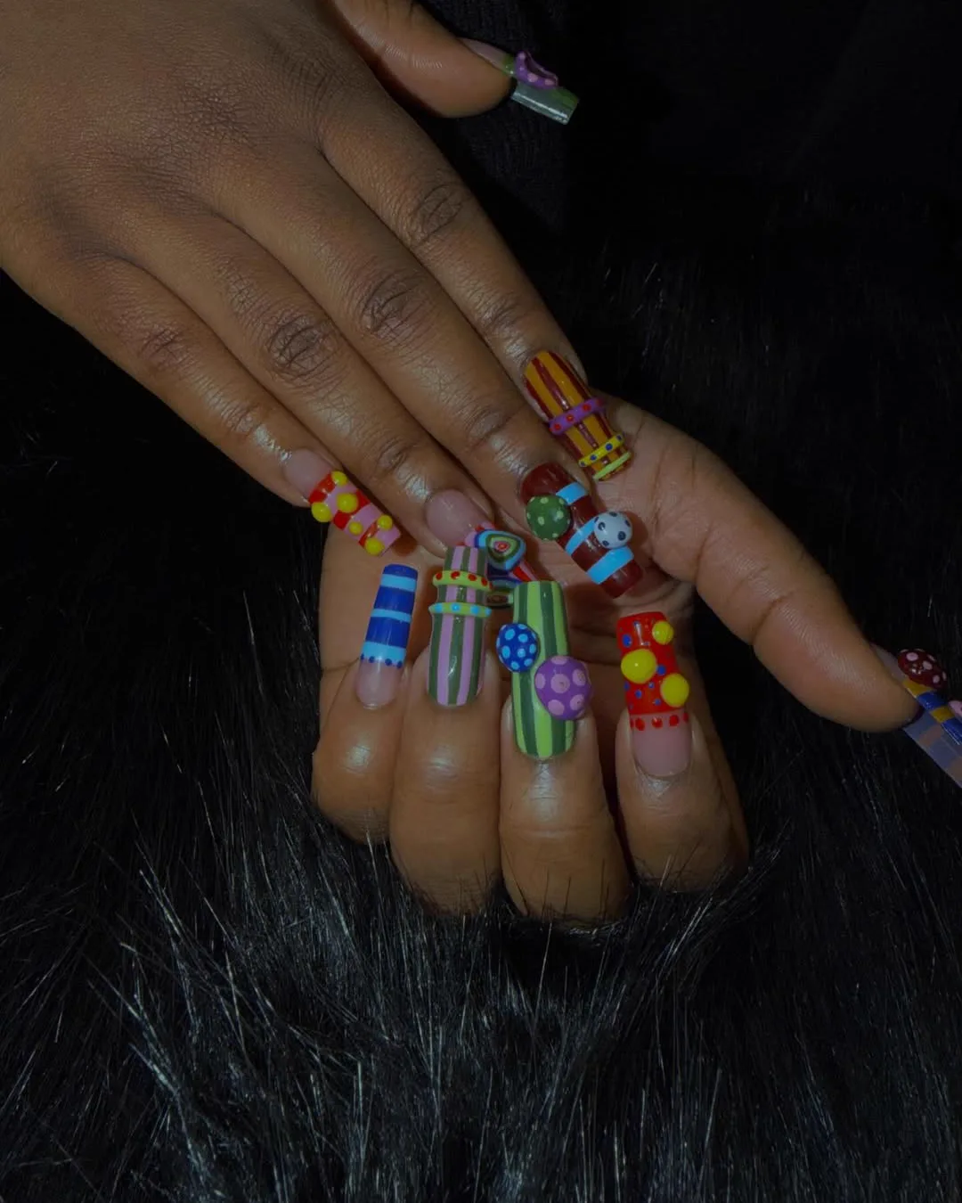 Hand-painted set with 3D charms and stripes